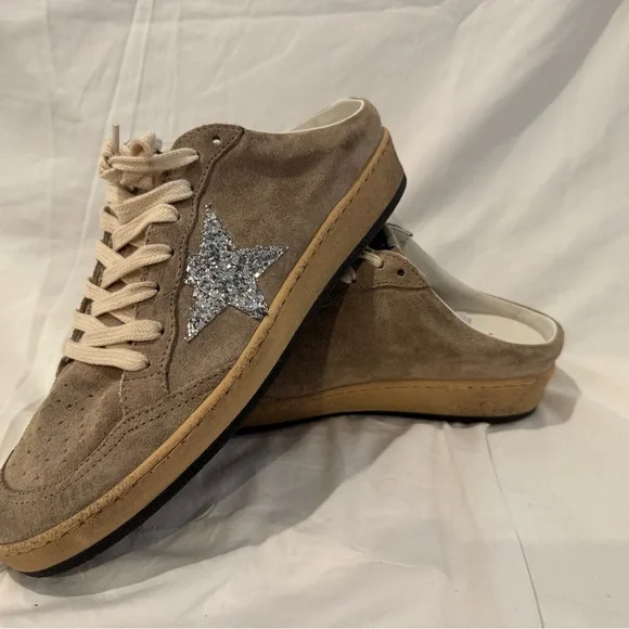 Golden Goose Beige Suede Sneakers with White Laces and Silver Glitter Star - Picture 5 of 7